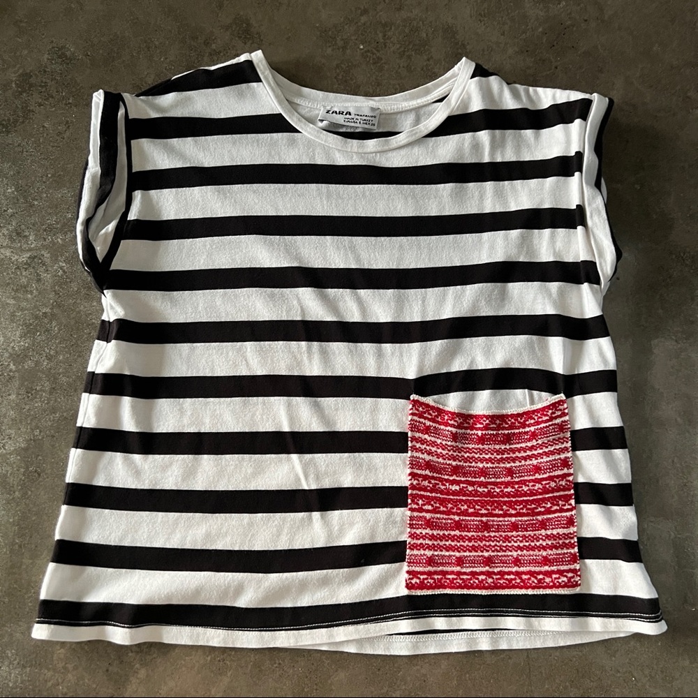 Zara cropped striped cotton T with red embroidered pocket, size S.